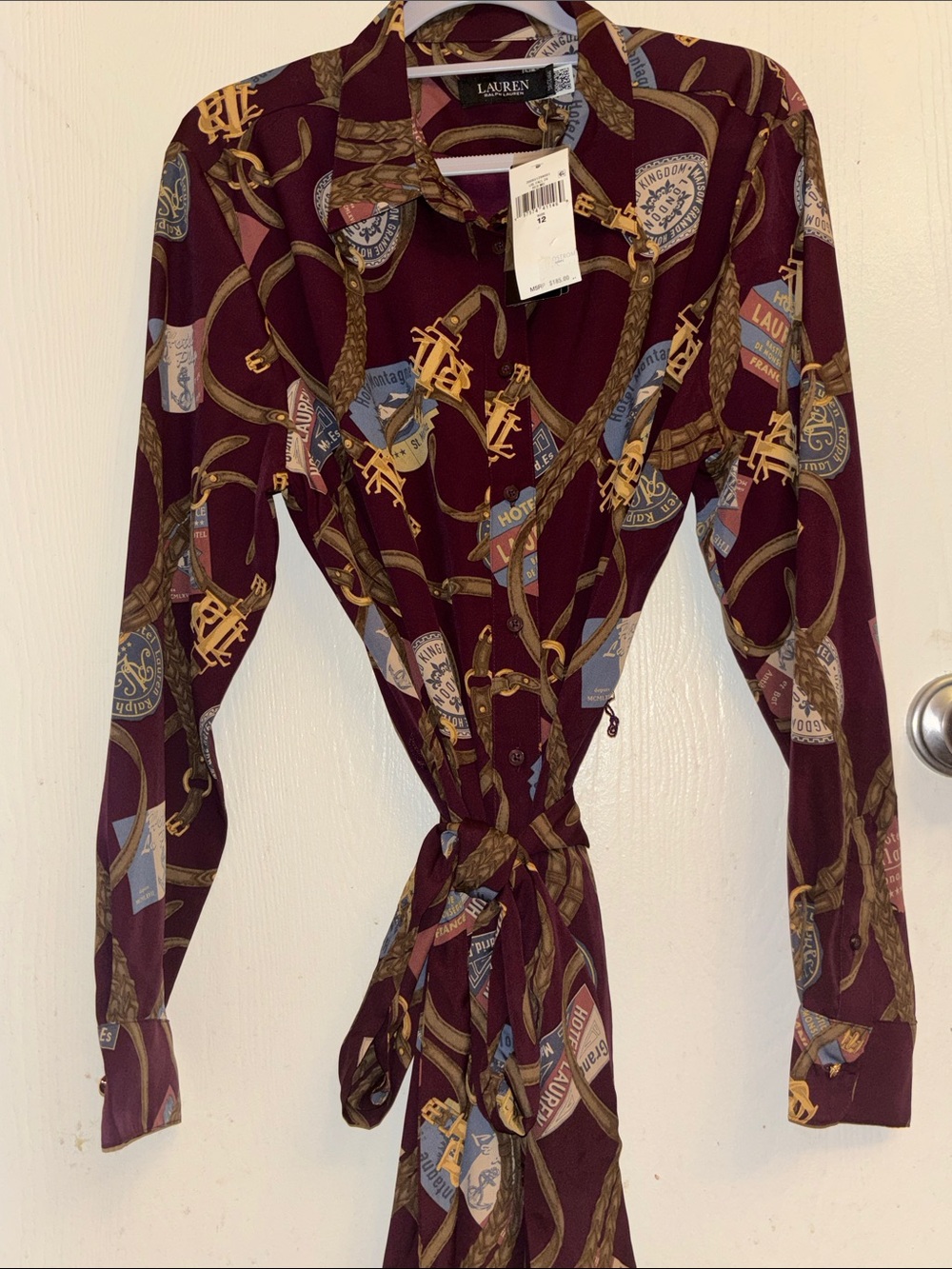 Lauren Ralph Lauren Burgundy Equestrian Print Tie-Waist Button-Down Dress US 12
